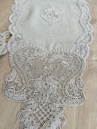 HOBİBAHÇEM Salon Takımı Çeyizlik Gold Runner Set 5 Parça Keten Ranır Masa Konsol Sehpa Örtüsü Gerdan HB006
