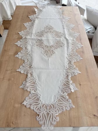 HOBİBAHÇEM Salon Takımı Çeyizlik Krem Runner Set 5 Parça Keten Ranır Masa Konsol Sehpa Örtüsü Gülseda HB006