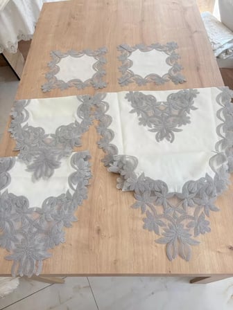 HOBİBAHÇEM Salon Takımı Çeyizlik Kreme Gri Runner Set 5 Parça Keten Ranır Masa Konsol Sehpa Örtüsü Helena HB006