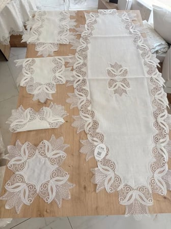 HOBİBAHÇEM Salon Takımı Çeyizlik Kreme Krem Runner Set 5 Parça Keten Ranır Masa Konsol Sehpa Örtüsü Kayla HB006