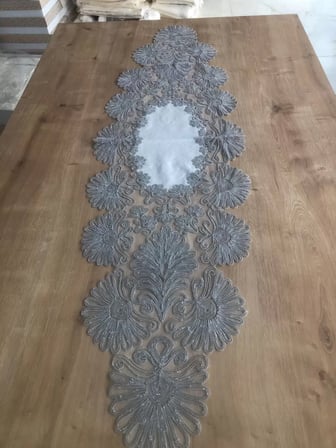 HOBİBAHÇEM Salon Takımı Çeyizlik Kreme Gri Runner Set 7 Parça Keten Ranır Masa Konsol Sehpa Örtüsü Palmiye HB006