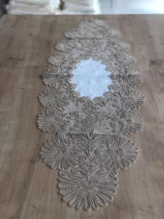 HOBİBAHÇEM Salon Takımı Çeyizlik Kreme Kapi Runner Set 7 Parça Keten Ranır Masa Konsol Sehpa Örtüsü Palmiye HB006