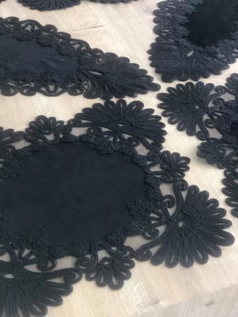 HOBİBAHÇEM Salon Takımı Çeyizlik Siyah Runner Set 7 Parça Kadife Ranır Masa Konsol Sehpa Örtüsü Palmiye HB006