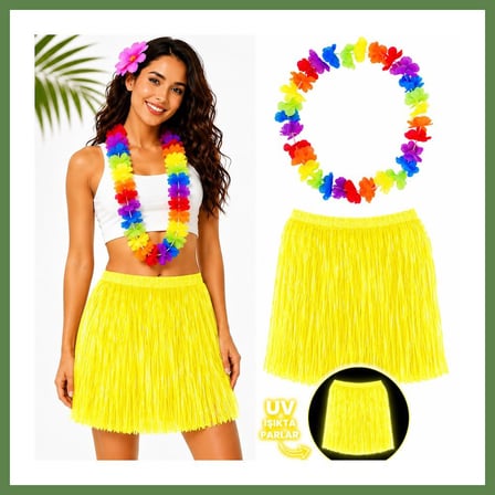 HOBİBAHÇEM Neon Sarı Hawaii Etek 40 cm ve Rengarenk Hawaii Kolye HB006