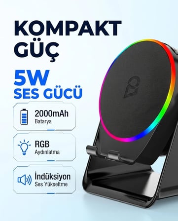 HOBİBAHÇEM S10 5W Bluetooth + Temasıyla Ses Yükselten İndüksiyon Hoparlör 2000 Mah RGB Işıklı Standlı 5in Speaker HB006