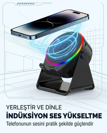 HOBİBAHÇEM S10 5W Bluetooth + Temasıyla Ses Yükselten İndüksiyon Hoparlör 2000 Mah RGB Işıklı Standlı 5in Speaker HB006