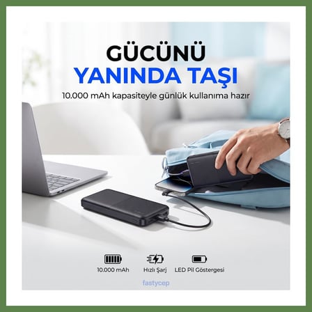 HOBİBAHÇEM SnapMax -3008 Siyah 10.000 mah Powerbank 2x USB Çıkışlı 1 Type-C ve 1 Micro Girişli HB006
