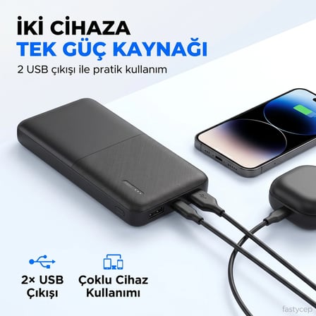HOBİBAHÇEM SnapMax -3008 Siyah 10.000 mah Powerbank 2x USB Çıkışlı 1 Type-C ve 1 Micro Girişli HB006