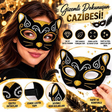 HOBİBAHÇEM Kadife Dokulu Sim Detaylı Işıltılı Kedi Maskesi Altın Gümüş 20x13 cm HB006