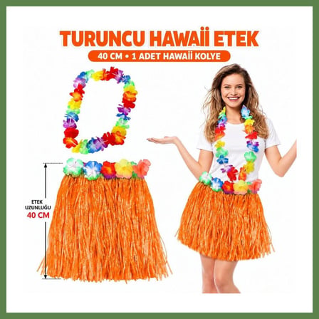 HOBİBAHÇEM Hawaii Luau Aloha Turuncu Püsküllü 40 cm Etek ve Hawaii Kolye Seti HB006