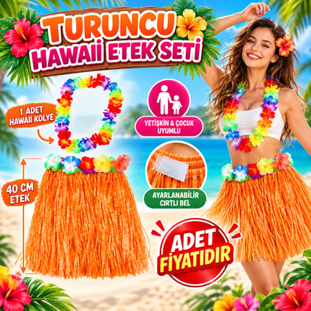HOBİBAHÇEM Hawaii Luau Aloha Turuncu Püsküllü 40 cm Etek ve Hawaii Kolye Seti HB006