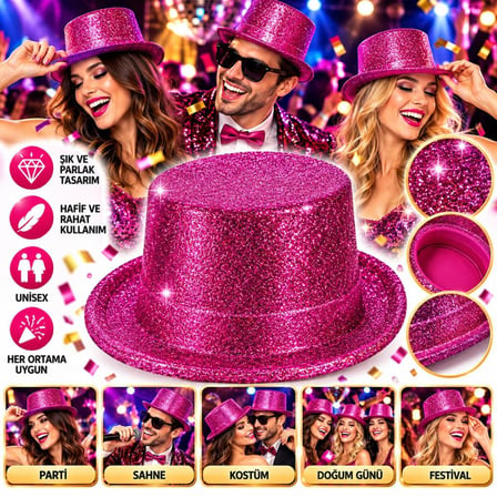 HOBİBAHÇEM Fuşya Simli Glitter Silindir Parti Şapkası HB006