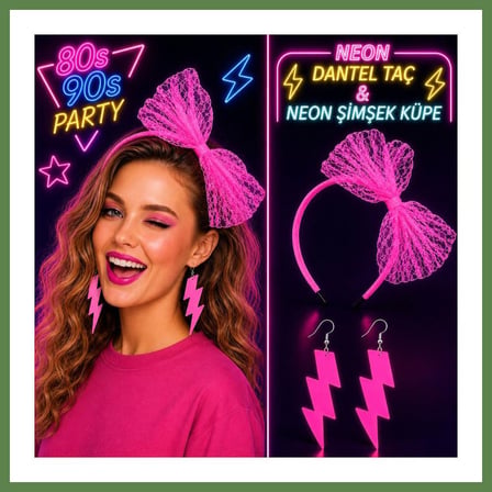 HOBİBAHÇEM Neon Pembe Dantel Taç ve Şimşek Küpe 80' 90'lar Parti Seti HB006