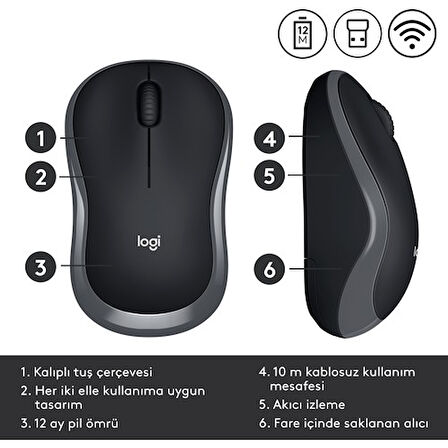 Logitech 910-002235 M185 Gri Kablosuz Mouse Optik 1000 Dpı Buton 