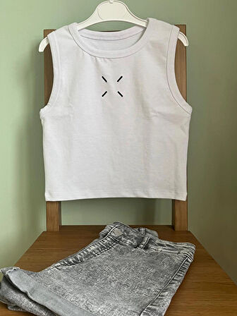 Kadın Nakışlı Dar Kesim Pamuklu BTK Crop Atlet - Beyaz/S