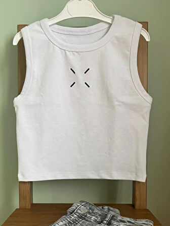 Kadın Nakışlı Dar Kesim Pamuklu BTK Crop Atlet - Beyaz/S