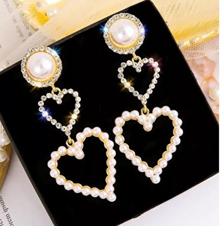 Gold tasarım büyük boy inci kalp küpe