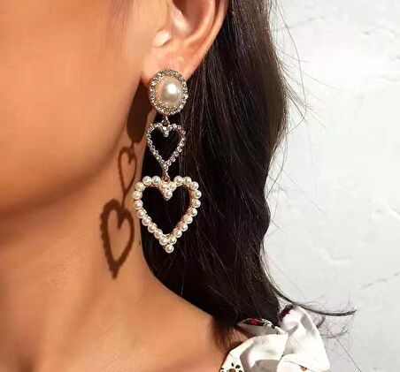 Gold tasarım büyük boy inci kalp küpe