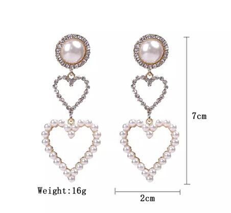 Gold tasarım büyük boy inci kalp küpe