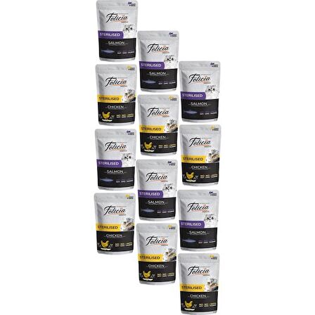Felicia Tahılsız Yetişkin Sterilised Kısırlaştırılmış Yaş 85 gr Karışık Paket Somon-Tavuk (12 Adet)