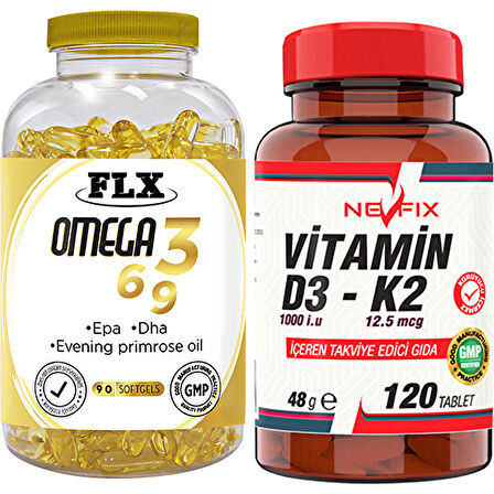 Flx Omega 3-6-9 Balık Yağı 90 Softgel  Nevfix Vitamin D3-K2 120 Tablet