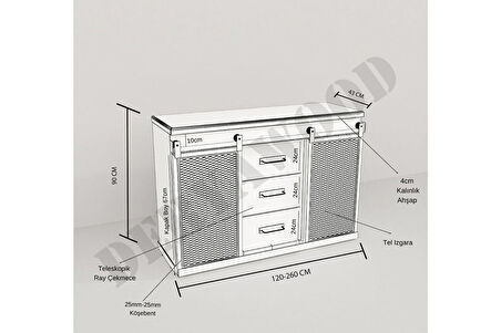 Deryawood Masif Ahşap 3 Çekmeceli Sürgülü Konsol-Ofis-Dosya Dolap 120*45*90 cm