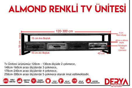 Deryawood Almond Doğal Ahşap Çekmeceli Tv Ünitesi -200X45X55 Cm-Ceviz Renk