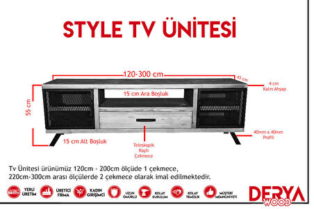 Deryawood Style Masif Ahşap Demir Kapaklı Tv Ünitesi -Açık Ceviz RENK-180X43X55 cm