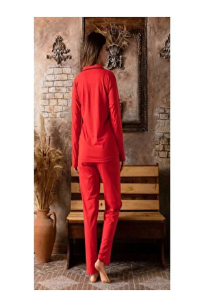 Gömlek Model Uzun Kollu Kırmızı Kadın Pijama Takımı