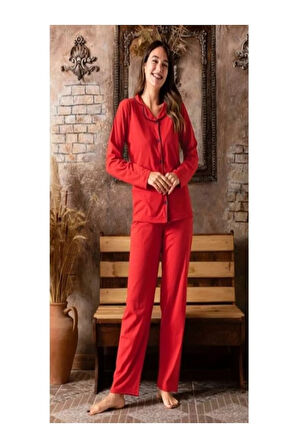 Gömlek Model Uzun Kollu Kırmızı Kadın Pijama Takımı