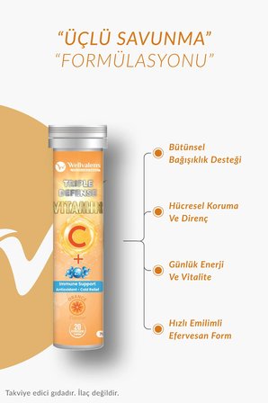 Wellvalens Triple Defense Efervesan 1000 Mg Vitamin C + Çinko + D3 – 2’Li Paket – Portakal Aromalı – 40 Tablet