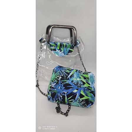 Şeffaf Cüzdanlı El Kol Çantası Mavi