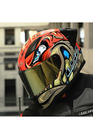 RAPID 2 RACE SPOX KIRMIZI-GRİ KAPALI MOTOSİKLET KASKI GOLD CAMLI