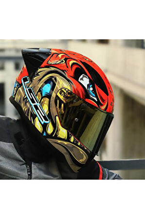 RAPID 2 RACE SPOX KIRMIZI-GRİ KAPALI MOTOSİKLET KASKI GOLD CAMLI