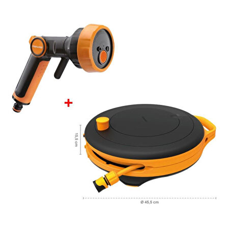 Fiskars Sulama Tabancası 4 Fonksiyonlu + Hortum Makara Seti S 3/8" Siyah 9 mm 15 m