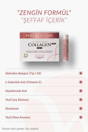 Wellvalens Pure Elegant 5500mg Kolajen Shot (Yeşil Elma Aromalı) Hyaluronik Asitli Tip 1 & 3 (2 Kutu)