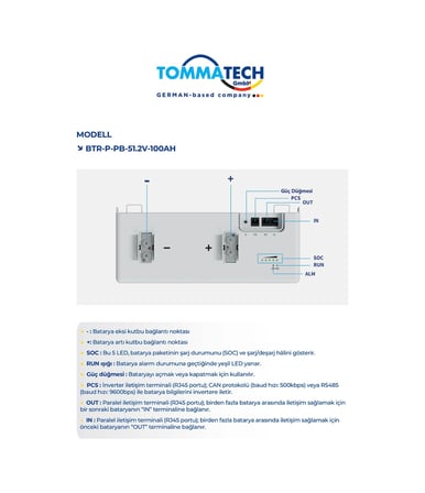 TommaTech 51.2V 100Ah LiFePO4 LFP Lityum Batarya