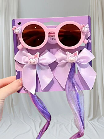 Kuromi Detaylı UV400 Korumalı Gözlük ve Sallantılı Saç Detaylı Fiyonklu Pens Toka