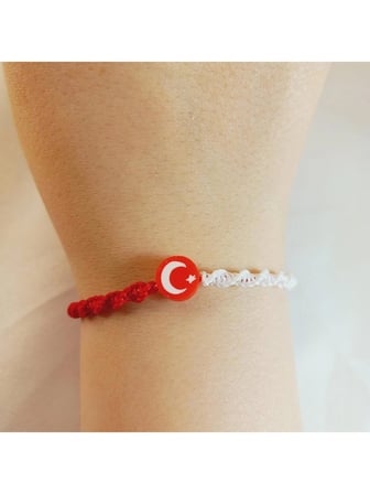 Crystal Ateliar Ay Yıldız Makrome Taraftar Bileklik Kırmızı Beyaz Unisex El Yapımı Ayarlanabilir