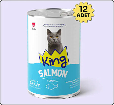 King Sos Içerisinde Et Parçacıklı Somonlu Kedi Konservesi 400 gr 12 Adet