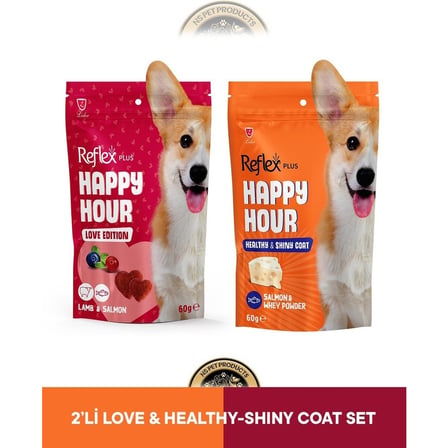 REFLEX Plus Happy Hour Love Edition & Healthy Shiny Coat - Sağlıklı ve Parlak Tüyler Köpek Ödül Maması Seti 2x60 gr