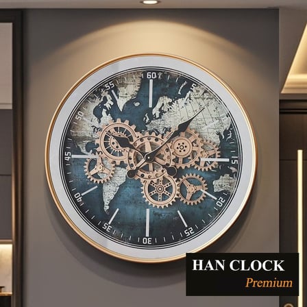 Han Clock Pana Royal Dünya Haritalı Premium Metal Çarklı Duvar Saati - Altın &