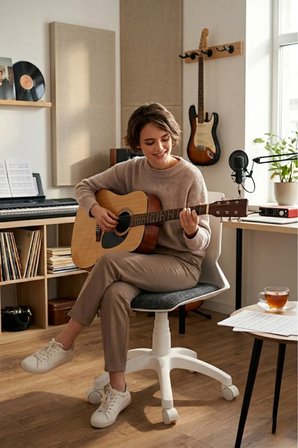 Beyaz Minimalist Çalışma Sandalyesi – Modern Ev Ofis ve Ders Çalışma Koltuğu - Antrasit Keten