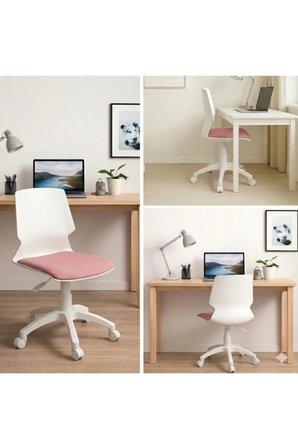 Beyaz Minimalist Çalışma Sandalyesi – Modern Ev Ofis ve Ders Çalışma Koltuğu - Pembe Keten