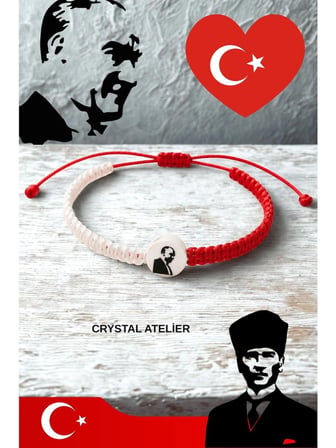 Crystal Ateliar Atatürk Figürlü Kırmızı Beyaz Makrome Bileklik Ayarlanabilir Unisex