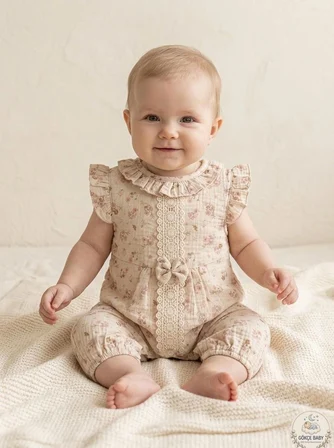  Organik Müslin Kız Bebek Tulum - Çiçekli Kurdeleli Vintage Stil Yazlık Bebek Kıyafeti 1 Gökçe Baby Organik Müslin Kız Bebek Tulum - Çiçekli Kurdeleli Vintage Stil Yazlık Bebek Kıyafeti