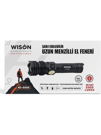 WISON WS-6868 Profesyonel El Feneri 25W 2500 Lümen 5800 Mah Zoomlu Güçlü Cob Light Metal Kasa Powerbank Type-C Şarjlı