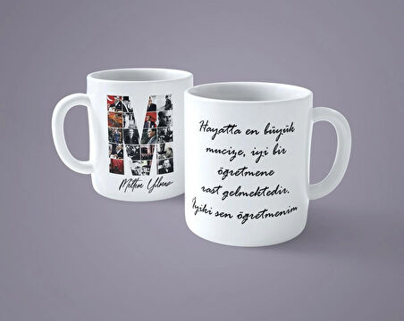 Öğretmenler gününe özel Atatürk resimli M baş harfli İsimli Baskılı kupa bardak