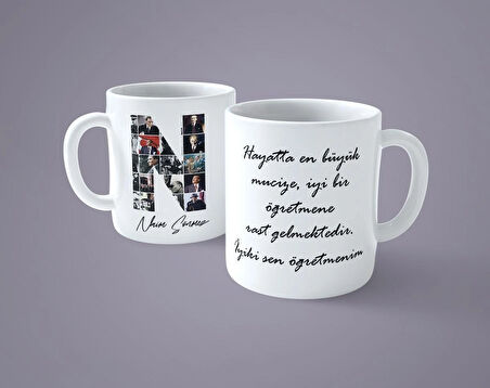 Öğretmenler gününe özel Atatürk resimli N baş harfli İsimli Baskılı kupa bardak