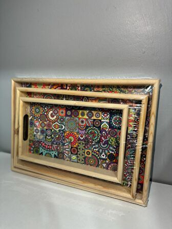 HBS ART DESİGN Ahşap Kayın 3'LÜ Tepsi Hediyelik 1.Sınıf SET
